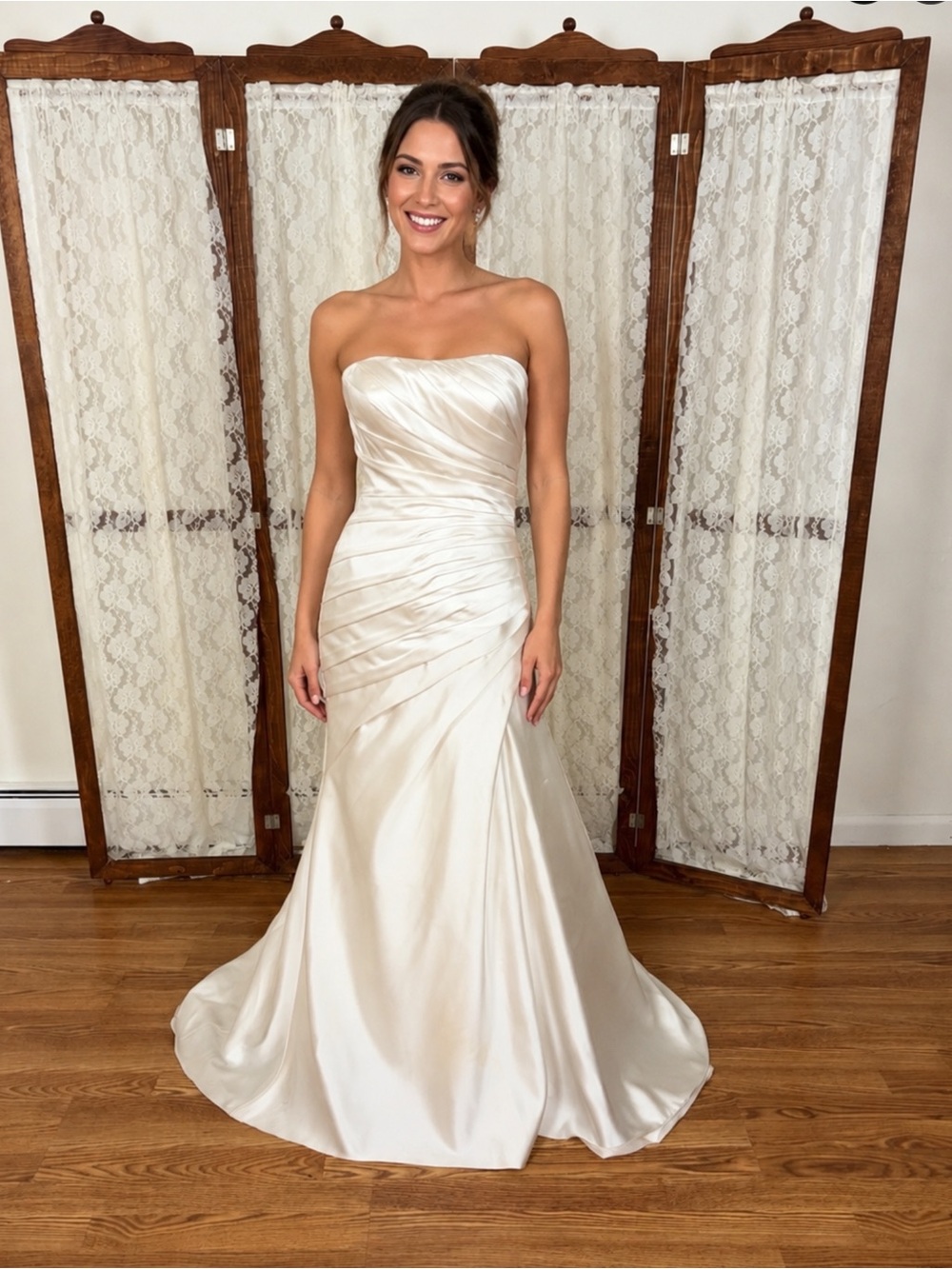 Stunning Sincerity by Justin Alexander Strapless Satin Drape Wedding Gown
